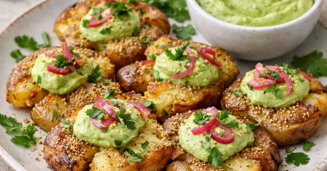 Recette vegan. Pommes de terre écrasées à l'aïoli aux avocats Recette vegan. Pommes de terre écrasées à l'aïoli aux avocats