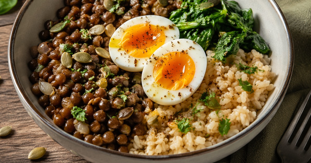 Bol de céréales et oeuf poché