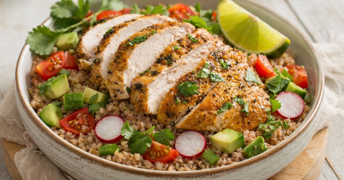 Bowl de sarrasin au poulet et légumes croquants, alternative au blé facile et équilibrée