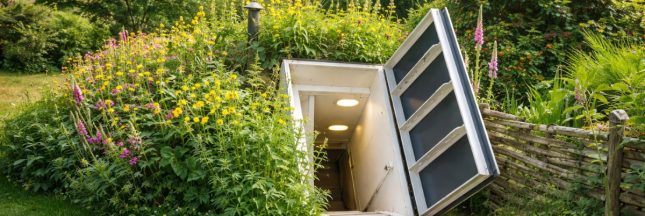 Jardin verdoyant avec trappe ouverte sur un abri anti-atomique