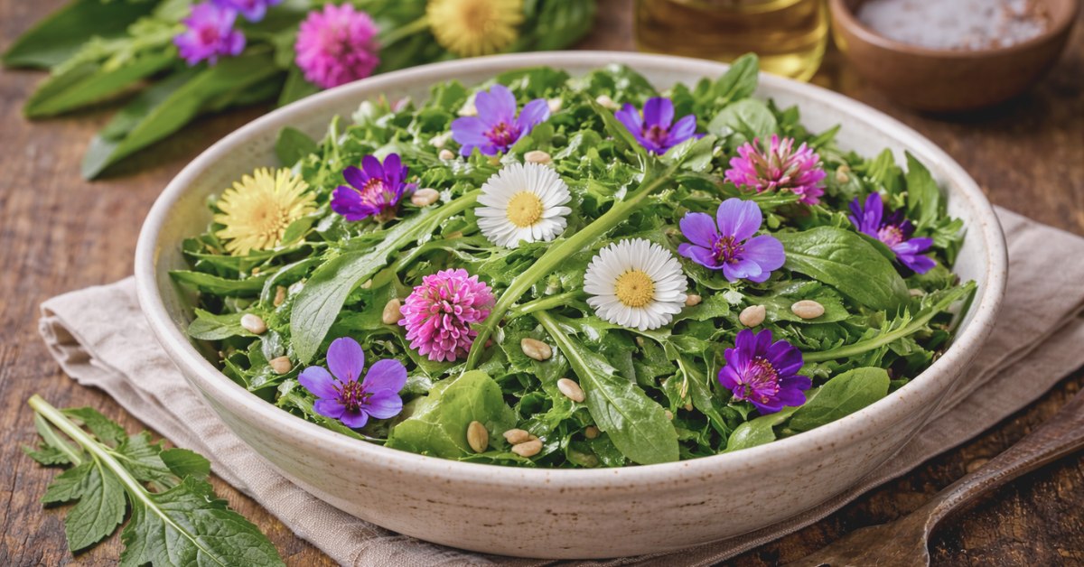 Salade sauvage aux fleurs comestibles