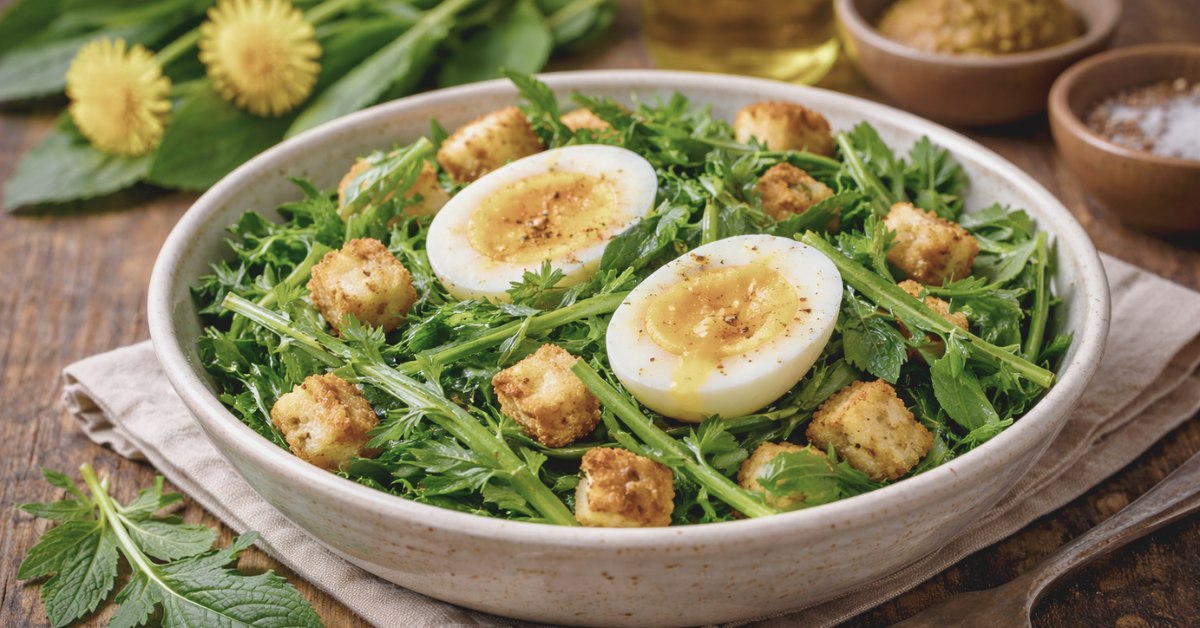 Salade de pissenlit et oeufs mollets