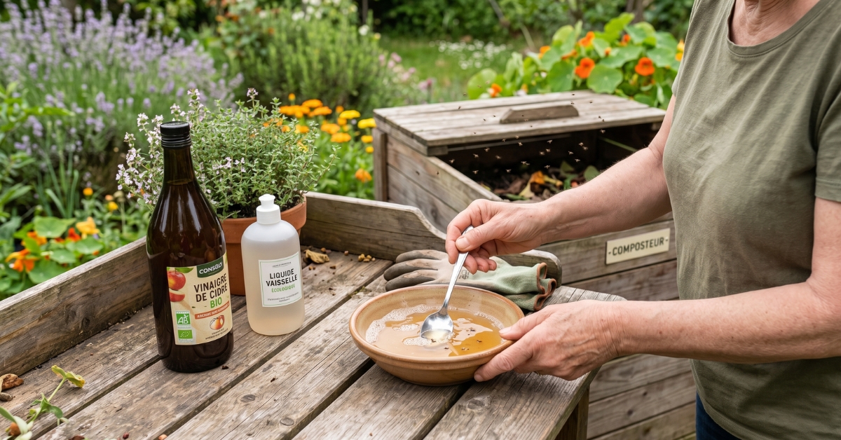 Préparation d'un piège naturel anti-moucherons avec du vinaigre de cidre bio et du liquide vaisselle dans un jardin, à côté d'un composteur en bois.