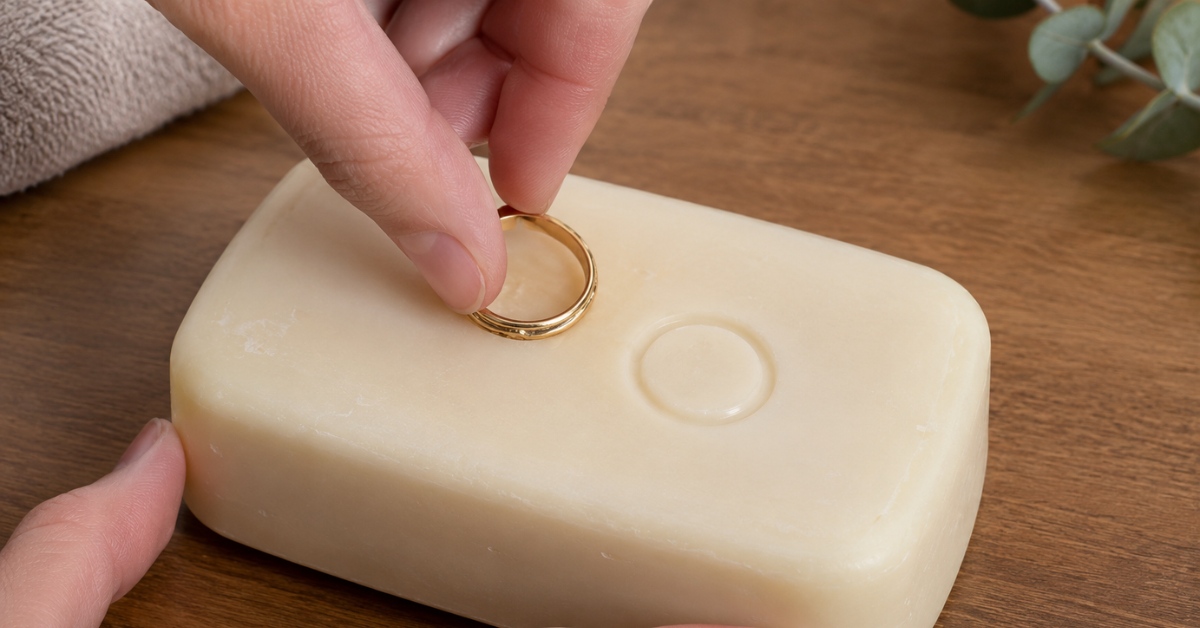 bague en or pressée dans un savon pour réaliser discrètement une empreinte afin de connaître une taille de doigt.