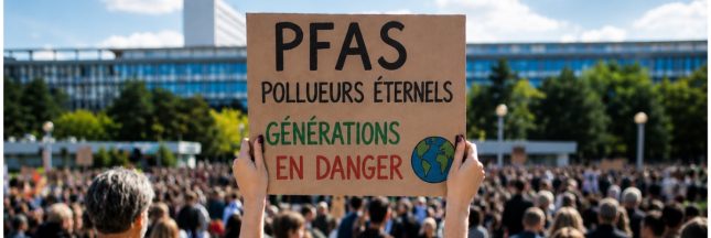 Manifestation de citoyens dénonçant la pollution aux PFAS et demandant des mesures contre les polluants éternels.