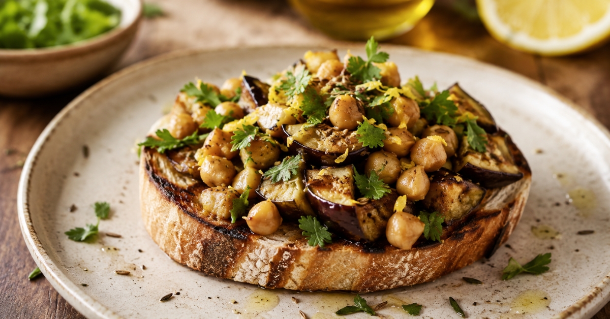 Tartine grillée à l'aubergine et pois chiches