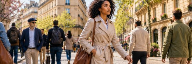Femme marchant dans une rue parisienne au printemps,