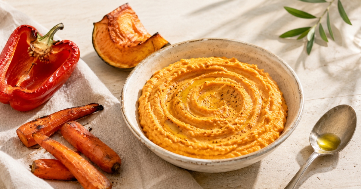 Bol de tartinade onctueuse à base de légumes rôtis