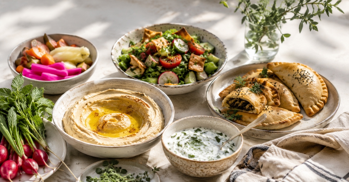 Mezzé libanais anti-gaspi avec houmous, légumes, pain grillé et sauces maison