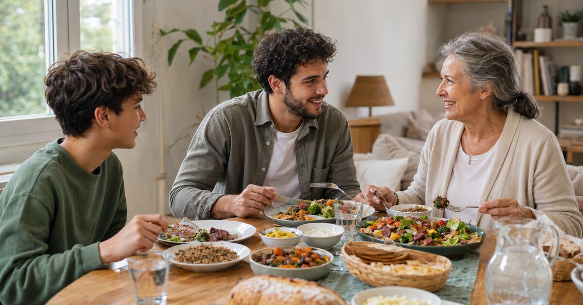 Un adolescent, un jeune adulte et une senior partagent un repas