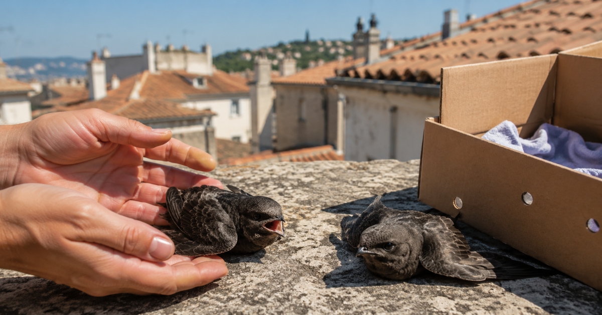 Jeune martinet noir en détresse au sol pendant une vague de chaleur près de toitures urbaines