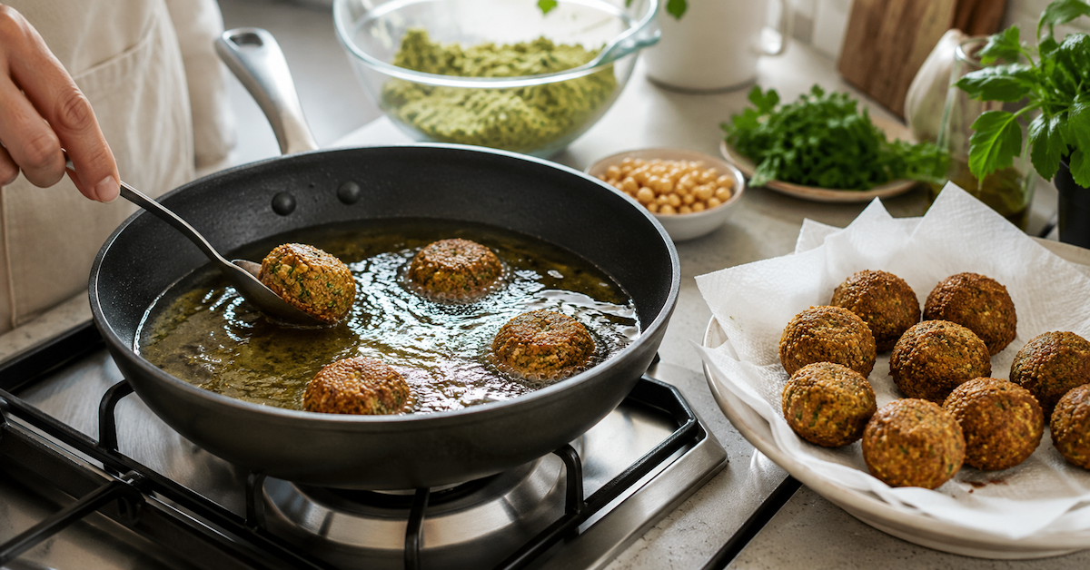 Cuisson de falafels maison par petites quantités dans une poêle avec égouttage sur papier absorbant