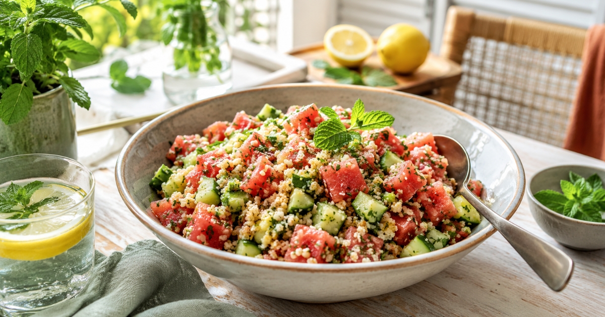 Taboulé frais à la pastèque, concombre et menthe pour repas d'été sans cuisson