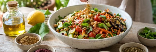 Salade d’été composée de légumes, pois chiches et herbes fraîches, assaisonnée avec différentes épices