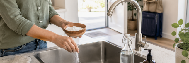 Une personne verse du bicarbonate de soude dans l’évier avant un départ prolongé, avec des produits ménagers naturels et une valise en arrière-plan.