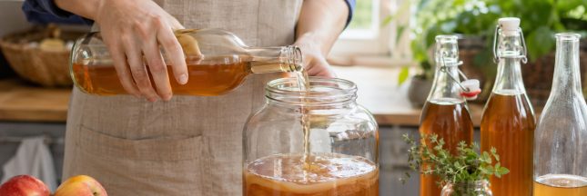Fabrication artisanale de vinaigre maison dans un bocal en verre, avec des pommes et des herbes fraîches