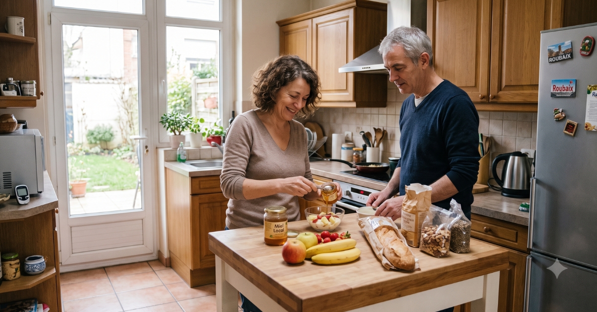 Un couple senior cuisine des aliments sains