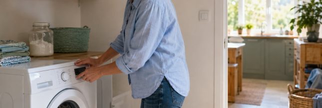 Une femme programme son lave-linge en début d’après-midi pour profiter des nouveaux horaires d’heures creuses.