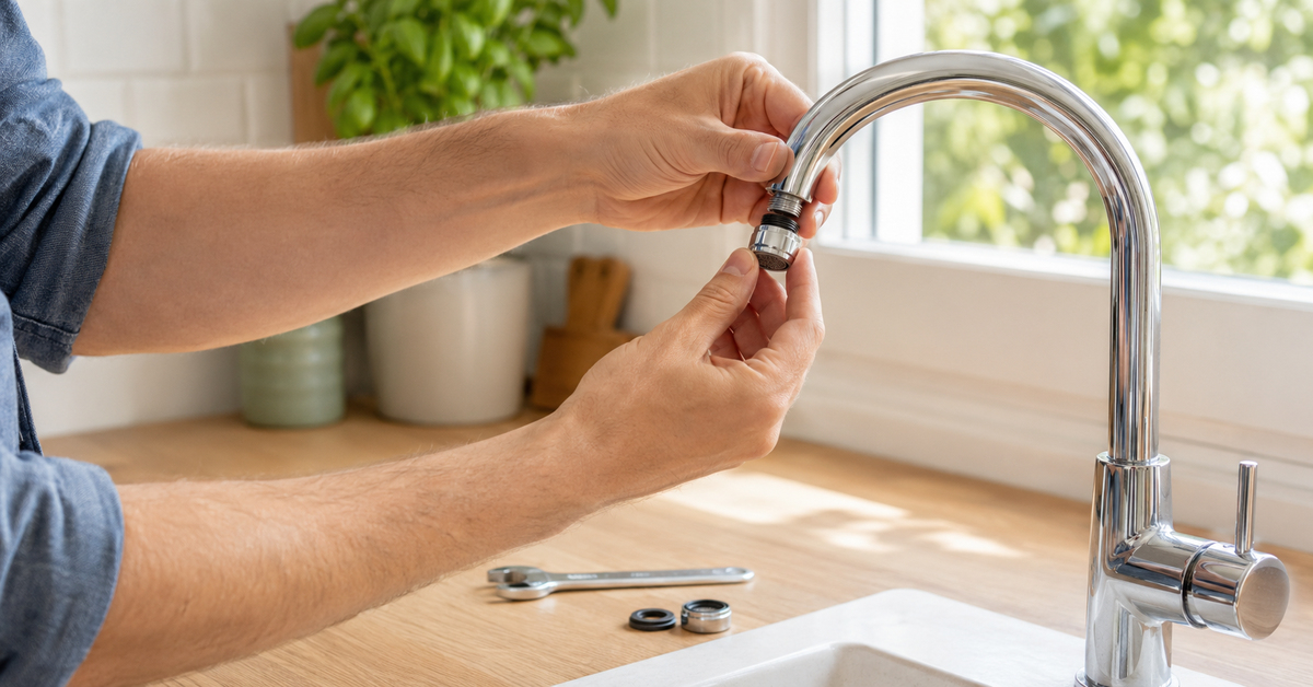 Une personne installe un mousseur économiseur d'eau sur le robinet de sa cuisine.