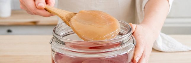 Mère de vinaigre maison soulevée d’un bocal de vinaigre de vin