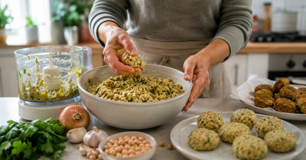 Préparation maison de falafels avec une pâte granuleuse aux pois chiches