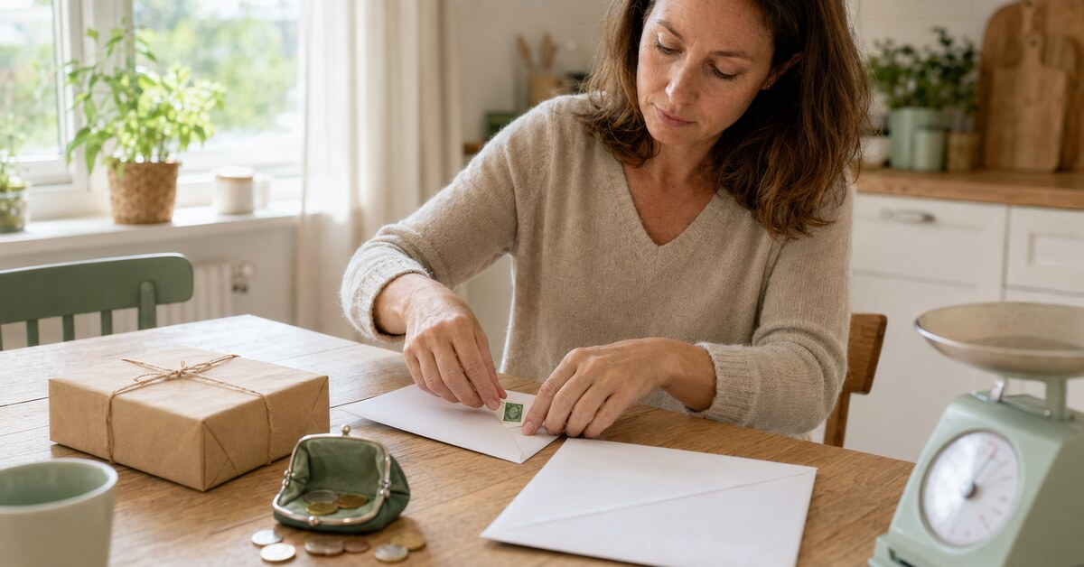 Femme collant un timbre vert sur une enveloppe à côté d'un colis et d'un porte-monnaie.