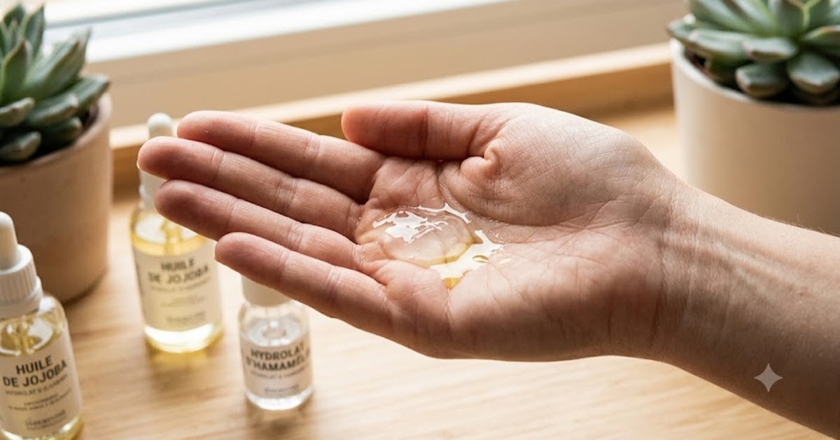 Application de gel d'aloe vera et d'hydrolat d'hamamélis au creux de la main pour réaliser un soin visage naturel au quotidien.