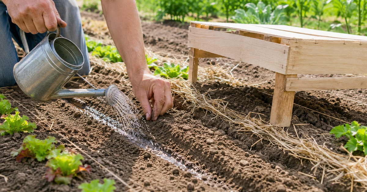 Un jardinier arrose délicatement un sillon protégé du soleil par une cagette en bois.