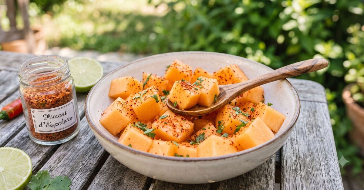Un bol en céramique rempli de cubes de melon frais saupoudrés de piment d'Espelette rouge et de coriandre hachée, posé sur une table en bois vieilli dans un jardin ensoleillé, avec un bocal de piment d'Espelette étiqueté à côté.
