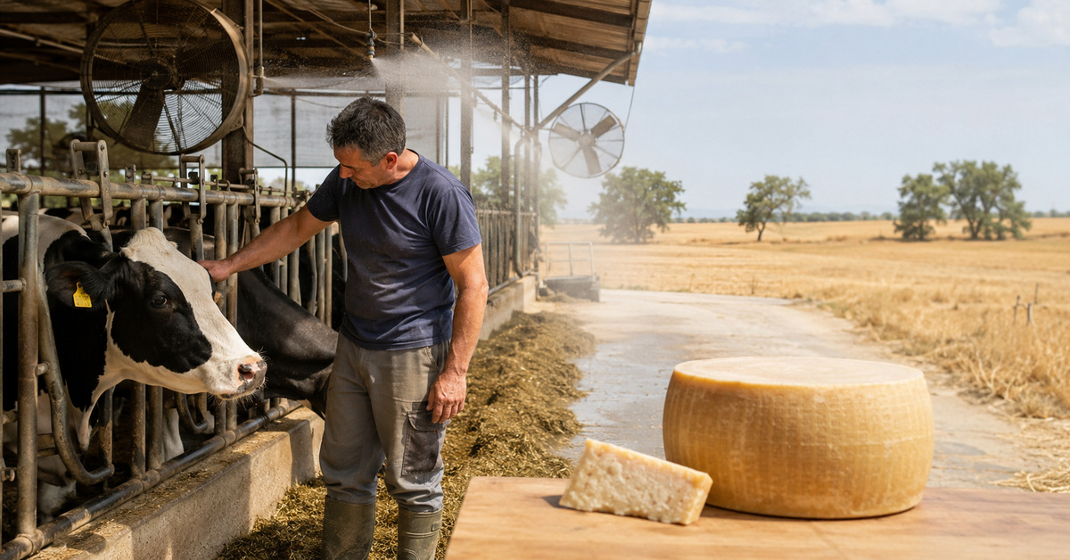 Un éleveur rafraîchit une vache laitière dans une exploitation agricole asséchée, près d'une meule de parmesan.