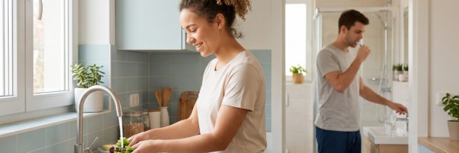 Une famille applique des gestes simples pour économiser l'eau potable au quotidien : lavage des légumes dans une bassine et brossage des dents avec un verre.