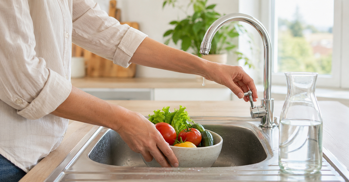 Une femme ferme le robinet après avoir lavé des légumes dans un récipient afin d'économiser l'eau.