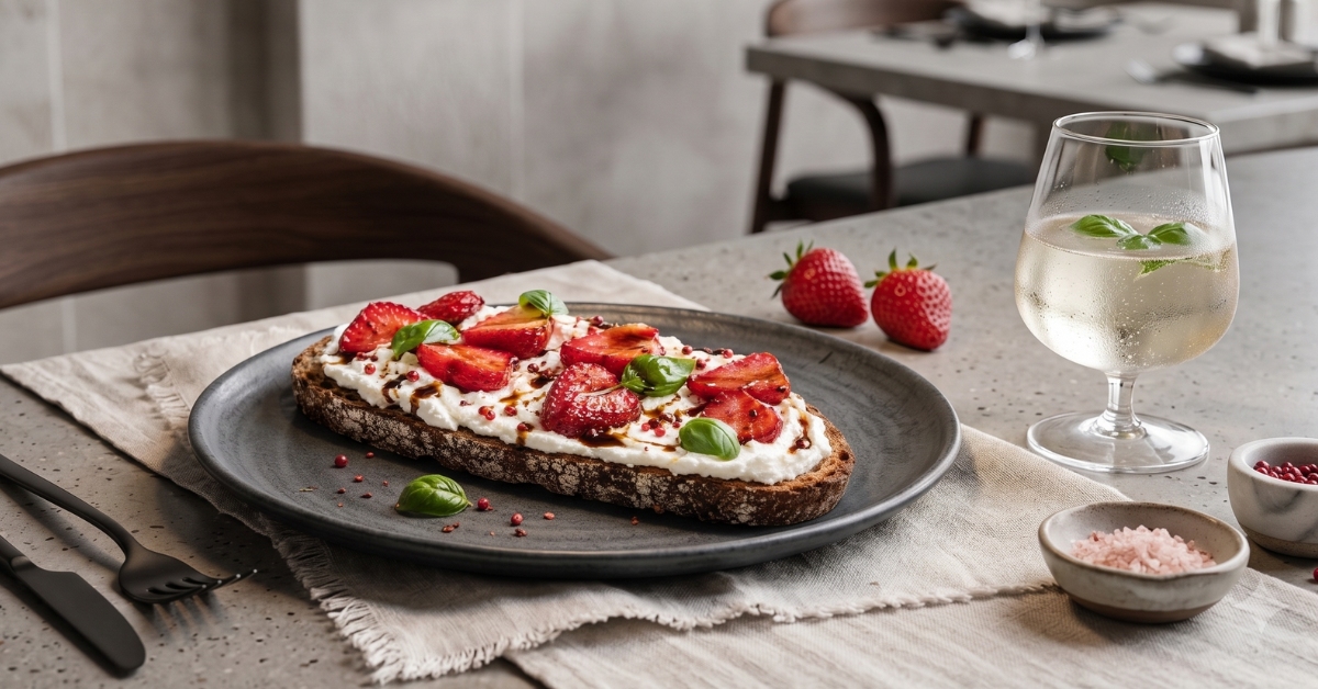 Tartine de pain de seigle garnie de chèvre frais, de fraises rôties et de basilic