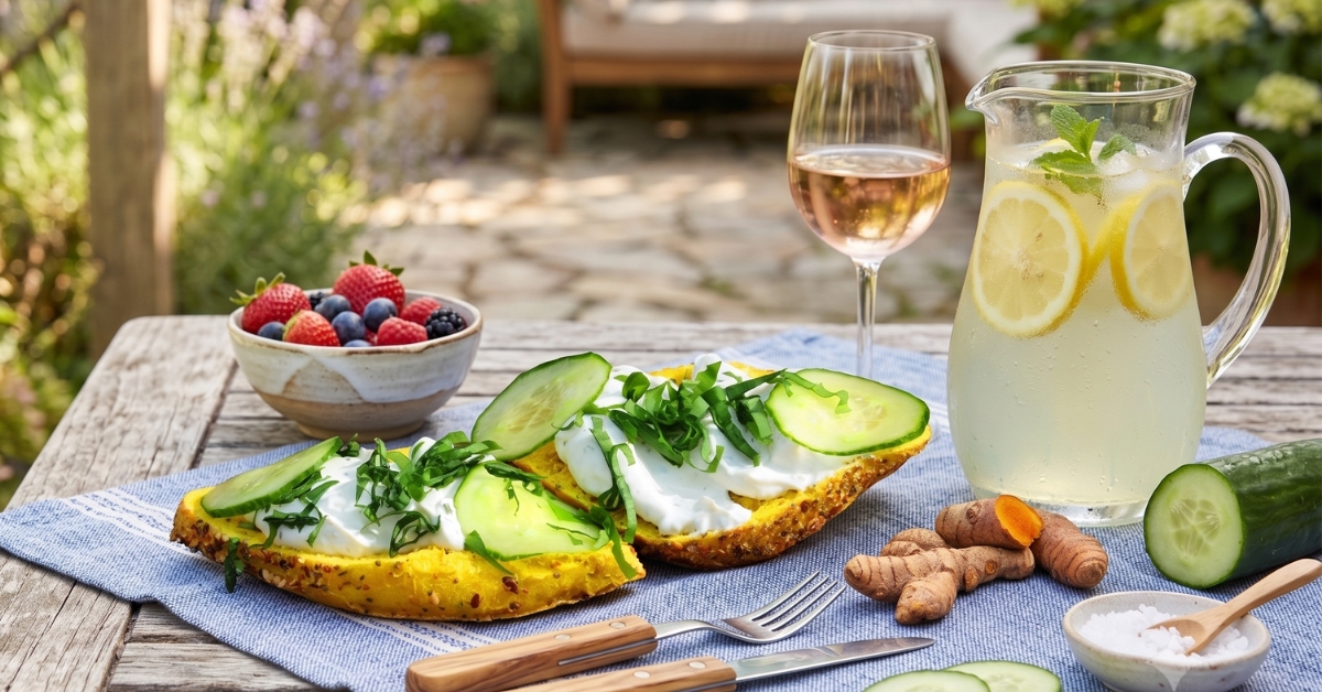 deux tranches de pain doré au curcuma, généreusement garnies de fromage à la crème et de rondelles de concombre frais, le tout posé sur une table en bois rustique. Une grappe de racines de curcuma frais repose à côté.