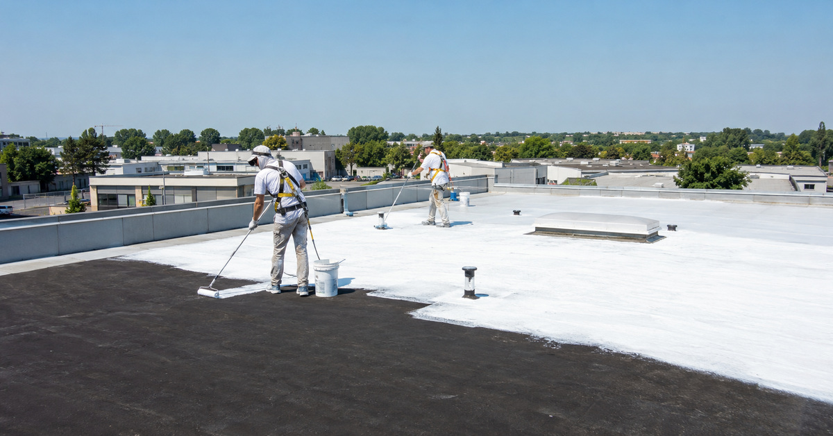 Deux ouvriers appliquent un revêtement blanc réfléchissant sur le toit plat d'un bâtiment pour limiter la chaleur.