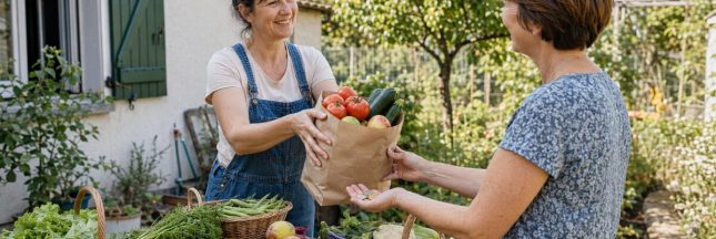 Une jardinière vend un sac de fruits et légumes de son potager à une voisine.