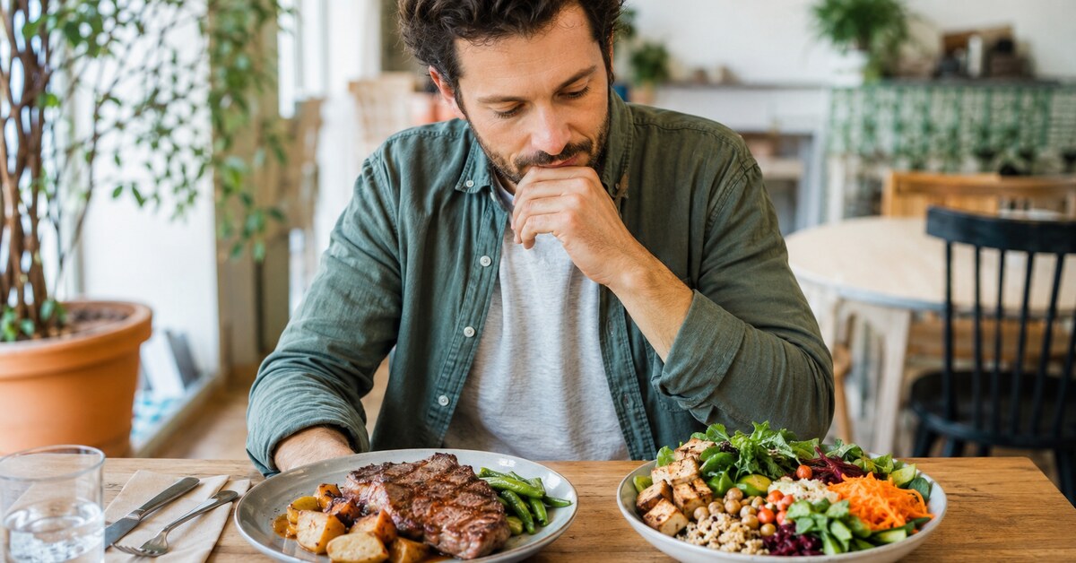 Homme hésitant entre une assiette de viande et un repas végétal équilibré.