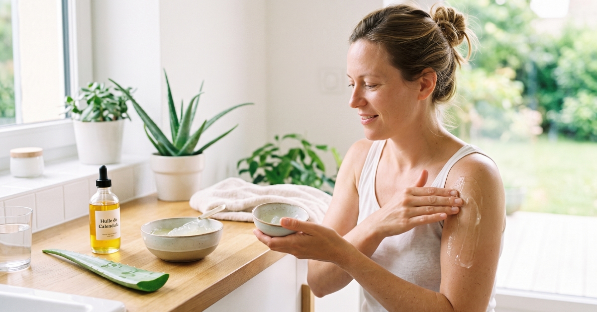Femme détendue appliquant du gel d'aloe vera frais sur son bras après exposition au soleil, dans un intérieur lumineux.