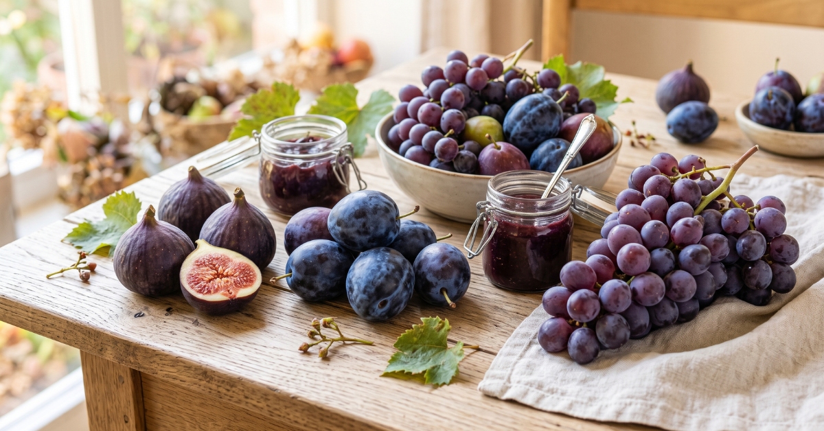 Panier de figues, prunes et raisin frais sur une table rustique.