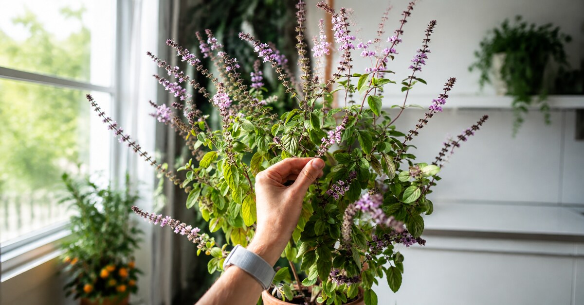 Main observant les épis fleuris d'un basilic cultivé en pot près d'une fenêtre.