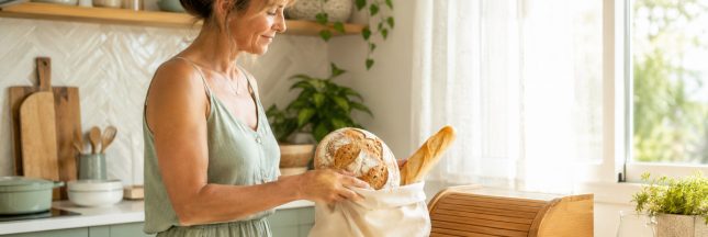 Femme rangeant une miche et une baguette dans un sac à pain en tissu pendant la canicule