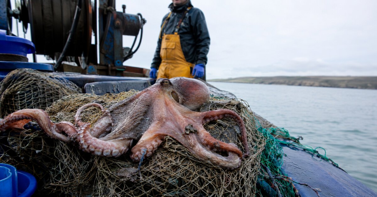 Poulpe remonté dans un filet sur un bateau de pêche au large des côtes britanniques