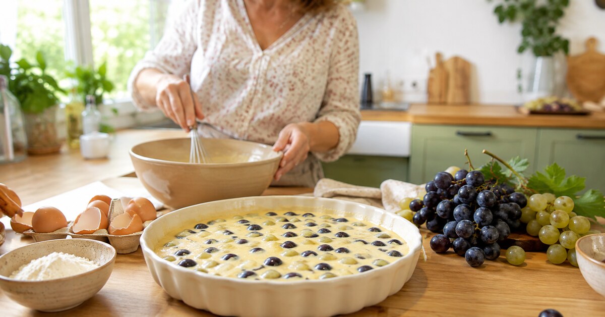 Préparation d'un clafoutis au raisin noir et blanc dans une cuisine familiale lumineuse.