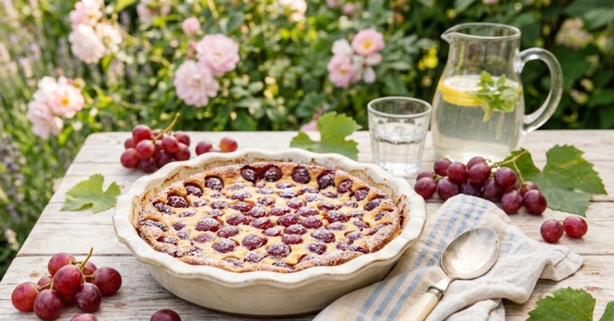 Clafoutis fondant aux raisins rouges dans un plat en céramique sur une table ensoleillée