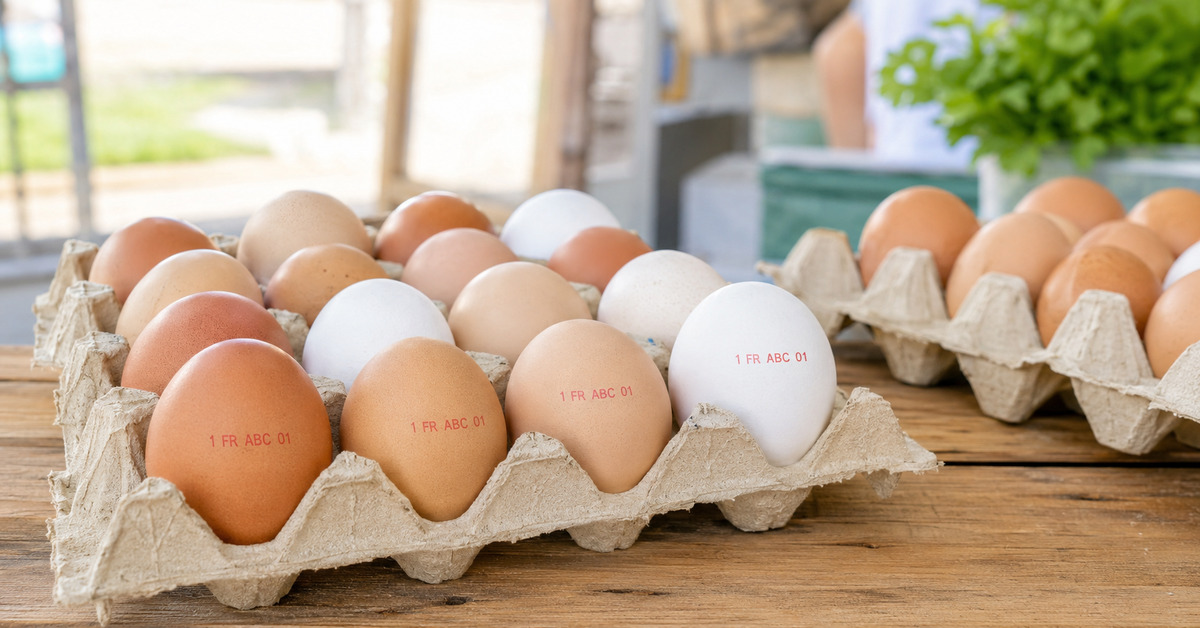 Des oeufs fermiers portant le code français « 1 FR » sont présentés dans des plateaux en carton.