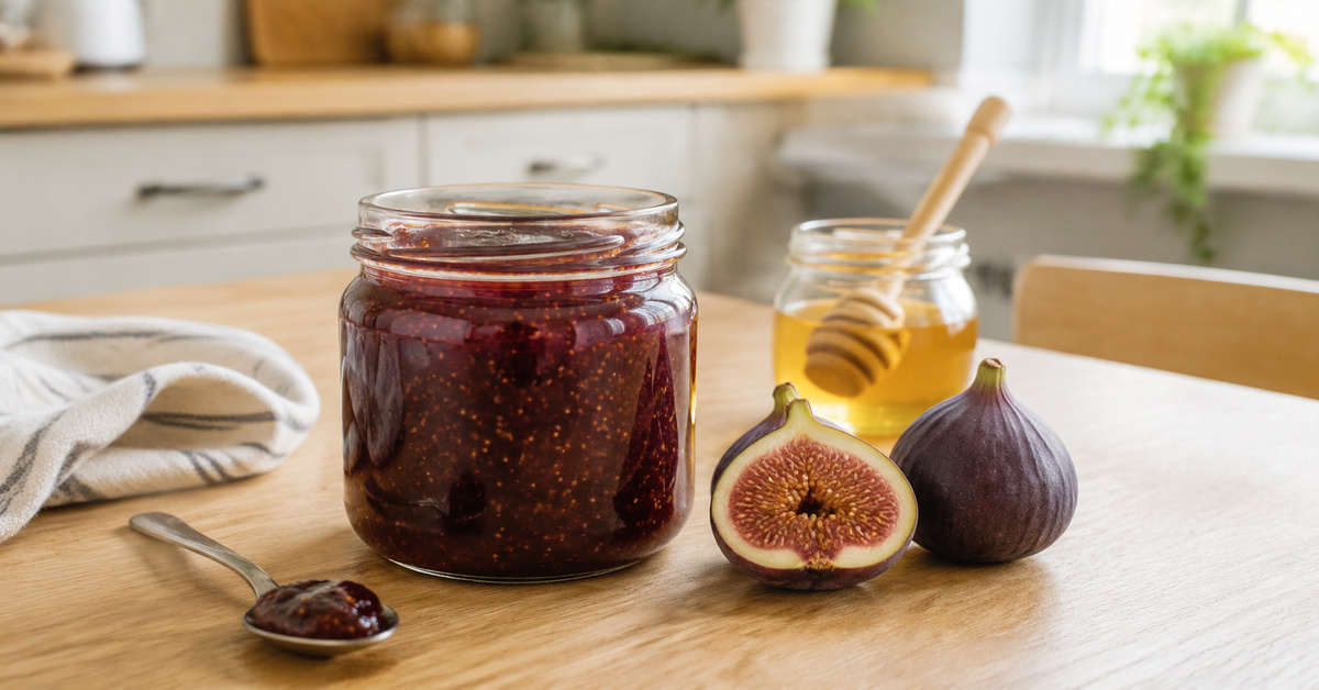 Pot de confiture de figues maison accompagné de figues fraîches et de miel dans une cuisine lumineuse.