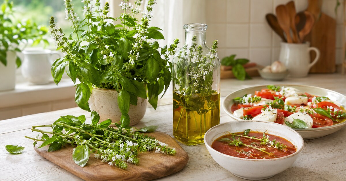 Fleurs et tiges de basilic utilisées pour parfumer une huile d'olive, une sauce tomate et une salade.