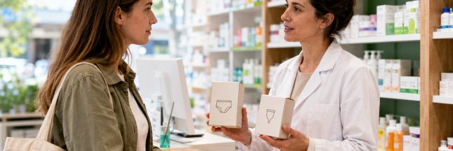 Une pharmacienne présente une culotte menstruelle et une coupe réutilisable à une jeune femme dans une pharmacie.