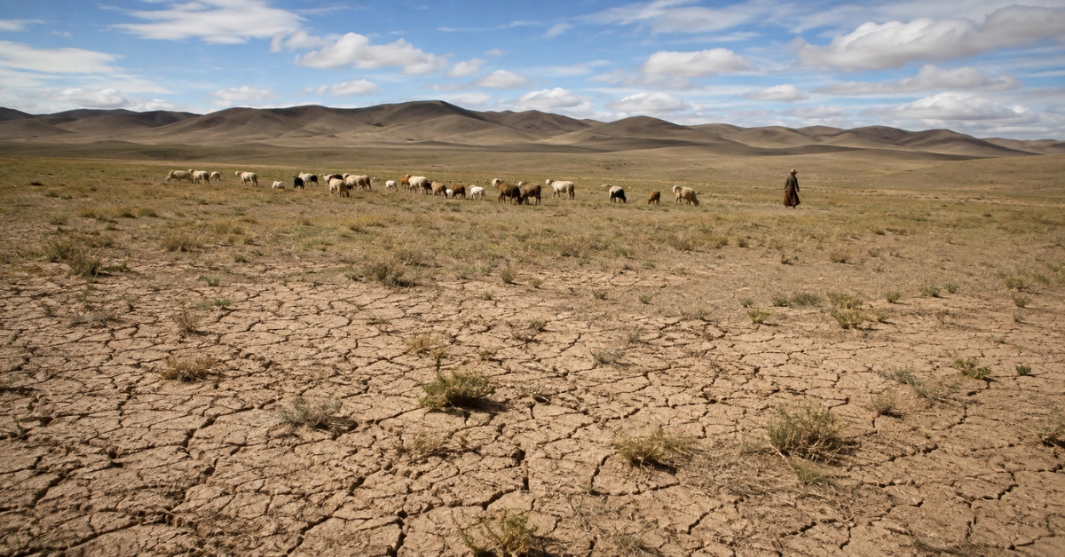 Éleveur et troupeau sur des pâturages asséchés et dégradés en Mongolie