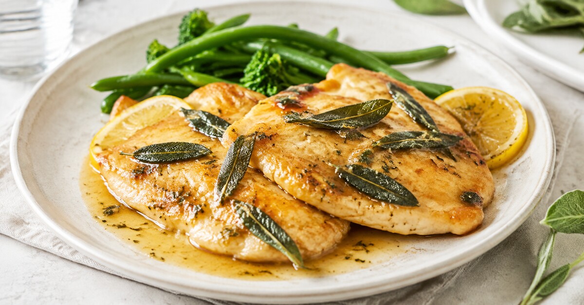 Escalopes de poulet dorées nappées de beurre de sauge, accompagnées de citron et de légumes verts